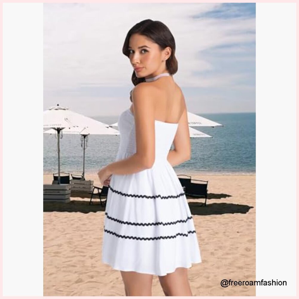 Strapless Mini Dress Fitted Top Flowy Skirt Summer Beach Casual - Picture 3 of 7